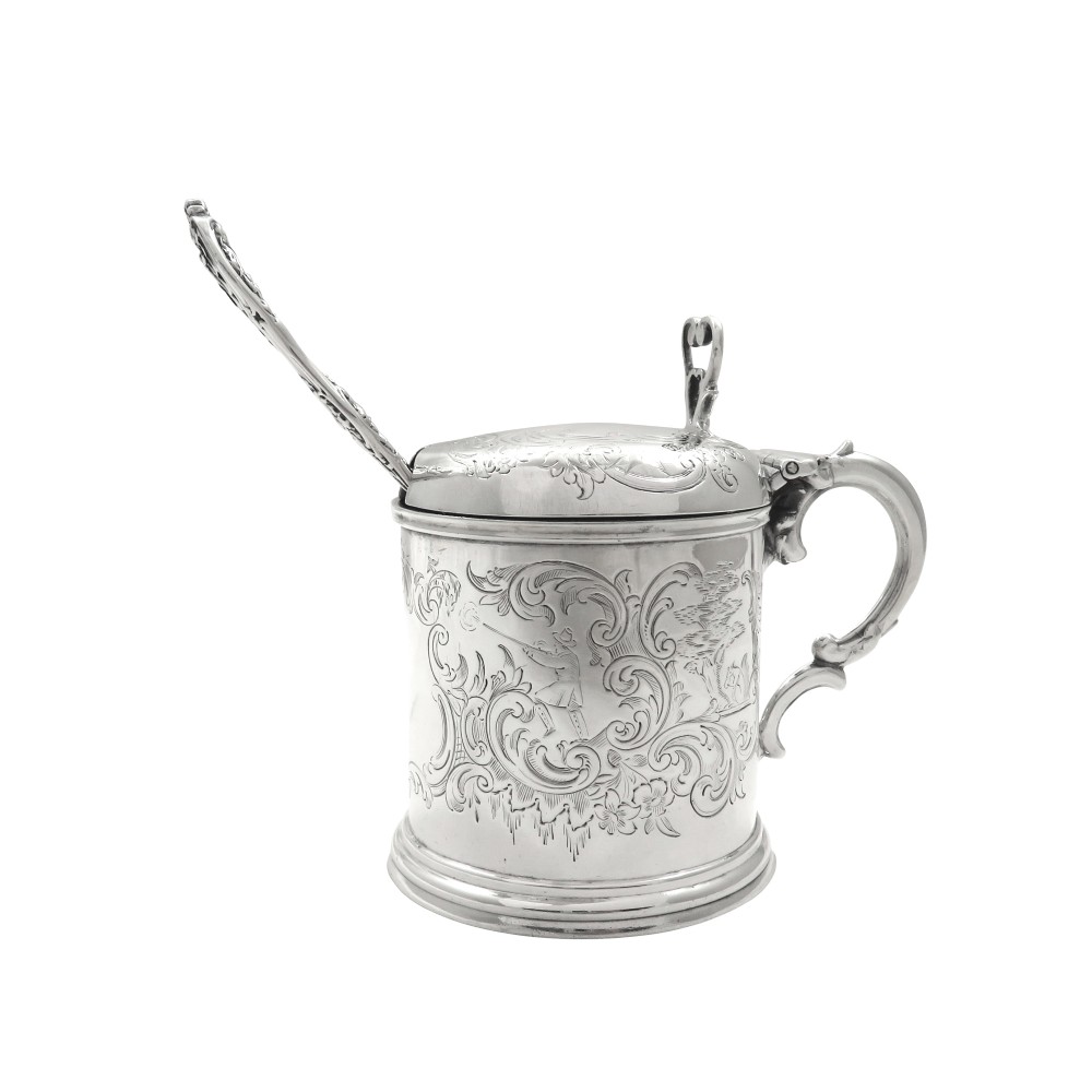 Antique Victorian Sterling Silver Mustard Pot 1857 - Hunting Scene