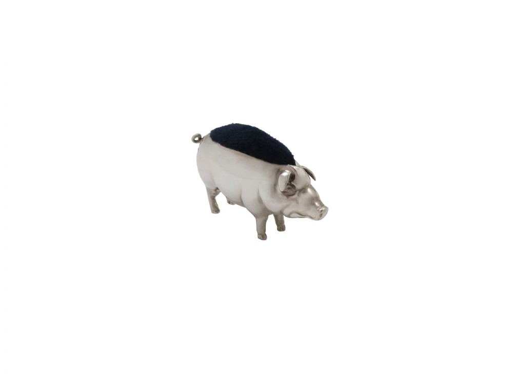Antique Edwardian Sterling Silver Pig Pin Cushion 1905 View VII