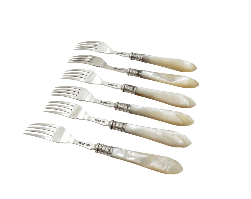 Set of 6 Antique Edwardian Sterling Silver & Mother of Pearl Desert Forks 1907 View III