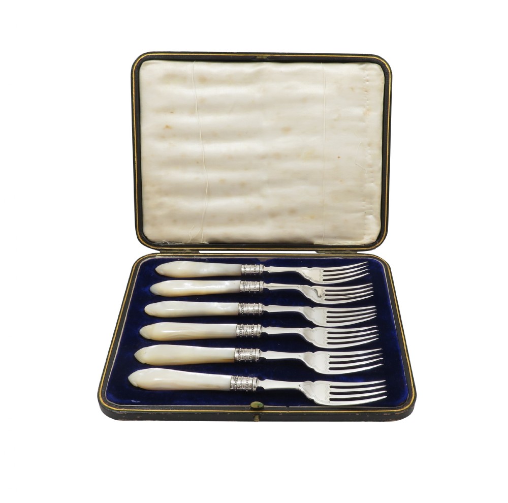 Set of 6 Antique Edwardian Sterling Silver & Mother of Pearl Desert Forks 1907 View V