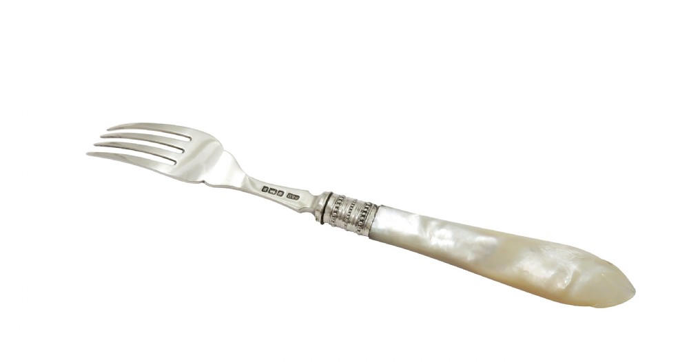 Set of 6 Antique Edwardian Sterling Silver & Mother of Pearl Desert Forks 1907 View VI