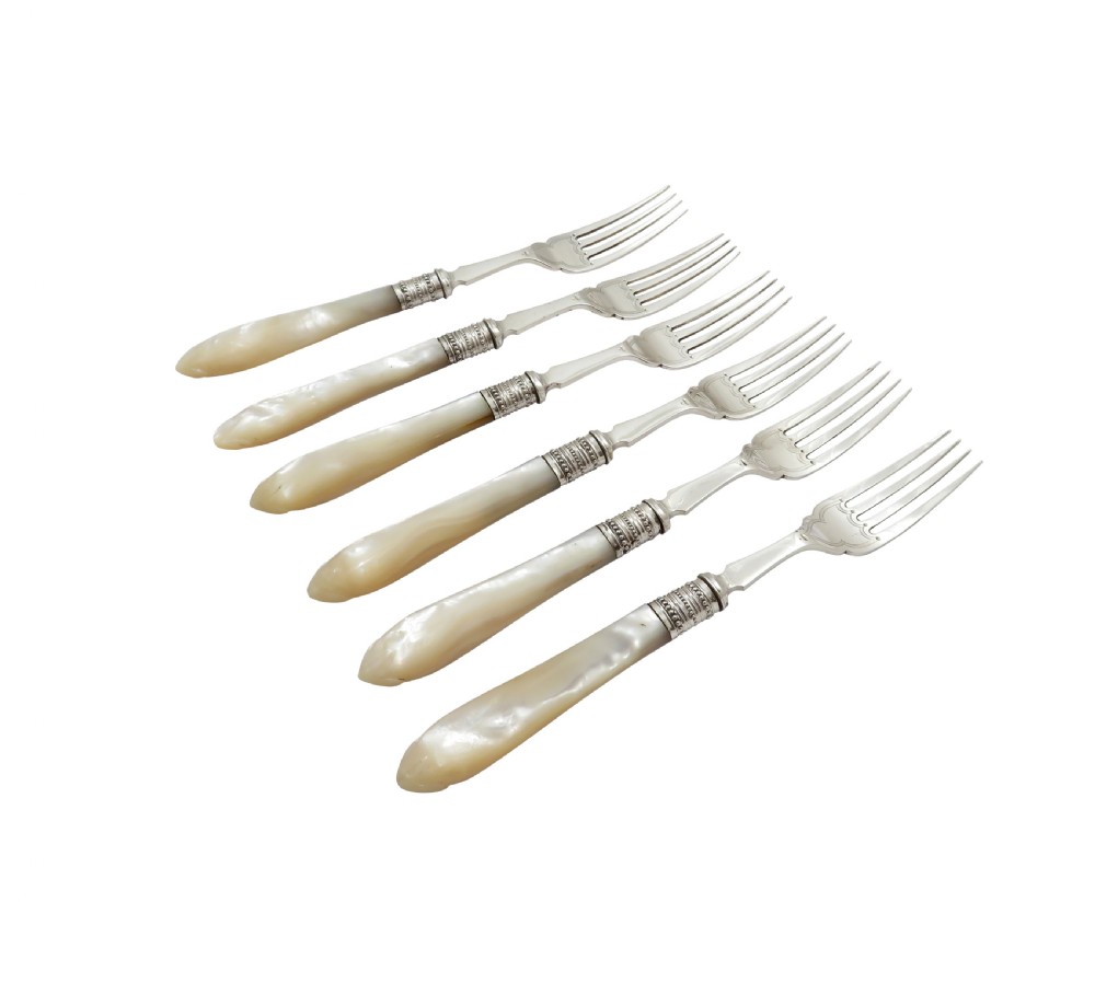 Set of 6 Antique Edwardian Sterling Silver & Mother of Pearl Desert Forks 1907 View VIII