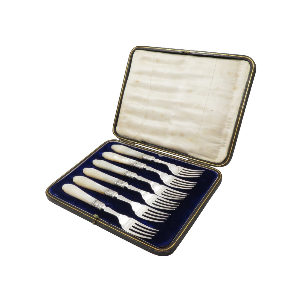 Set of 6 Antique Edwardian Sterling Silver & Mother of Pearl Desert Forks 1907 View IX