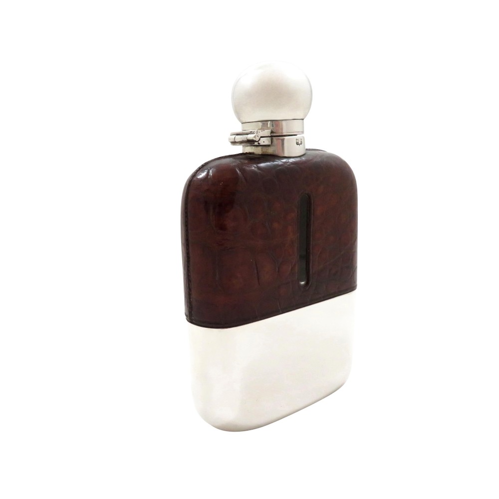 Antique Victorian Silver Plated & Crocodile Leather Hip Flask c1890