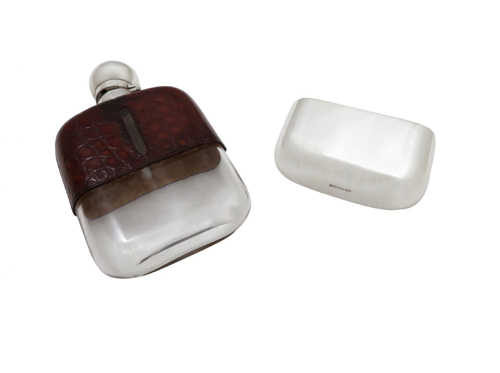 Antique Victorian Silver Plated & Crocodile Leather Hip Flask c1890 View VI