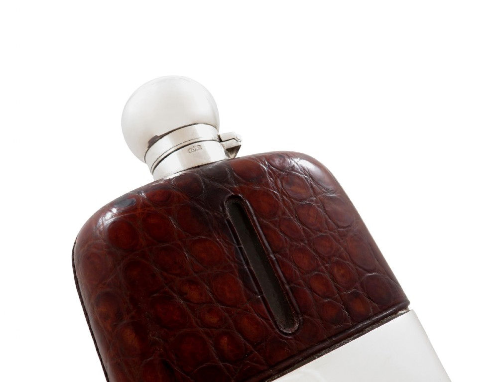 Antique Victorian Silver Plated & Crocodile Leather Hip Flask c1890 View VII