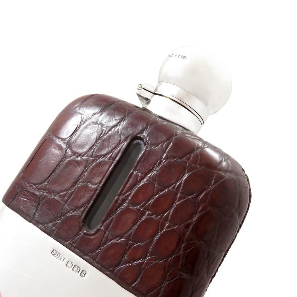 Antique Victorian Sterling Silver & Crocodile Leather Hip Flask 1899 View VI