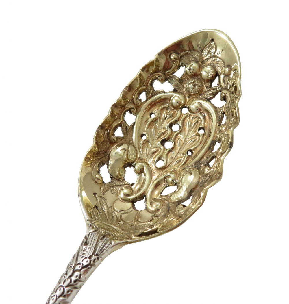 Pair of Antique Georgian Sterling Silver Pierced Berry Spoons in Case 1790/91 View V