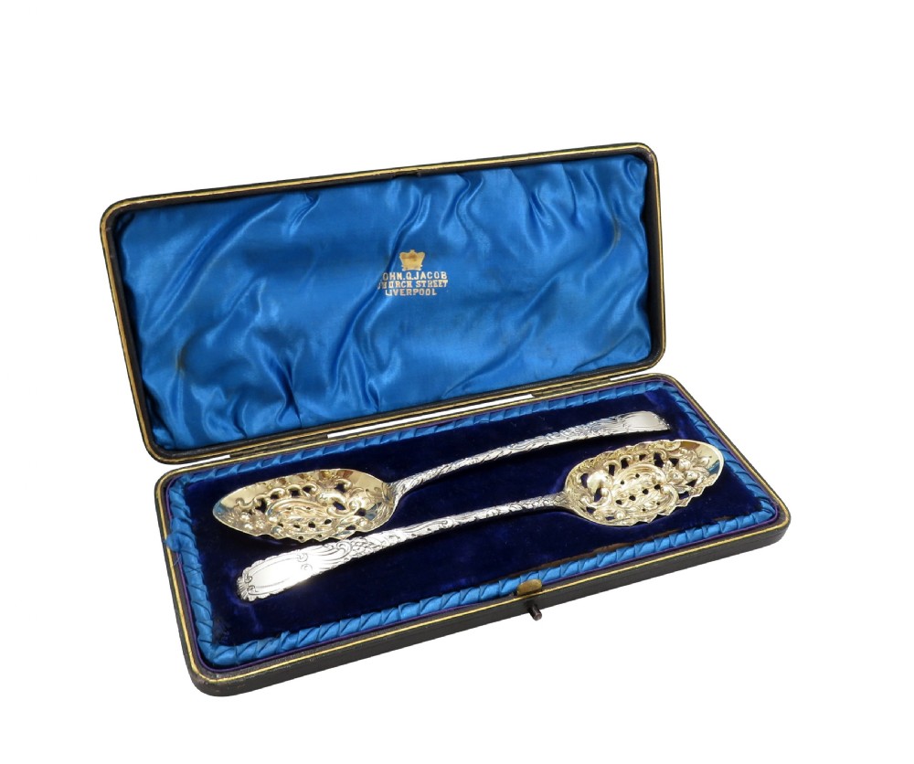 Pair of Antique Georgian Sterling Silver Pierced Berry Spoons in Case 1790/91 View XI