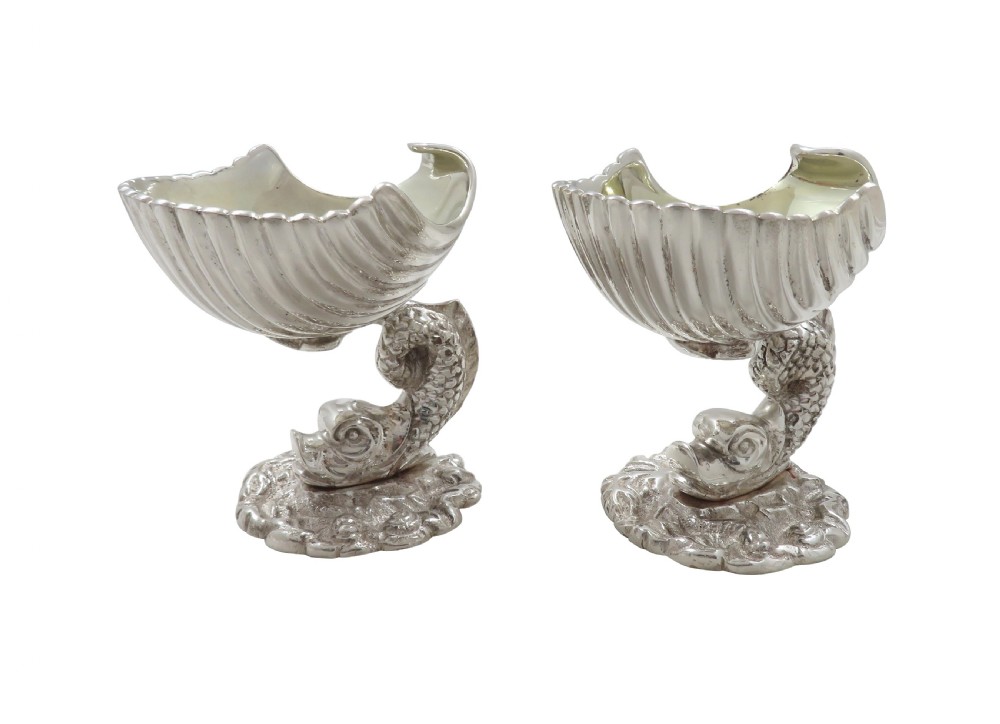 Pair of Antique Silver Plated Dolphin & Shell Salts c1880 View IV