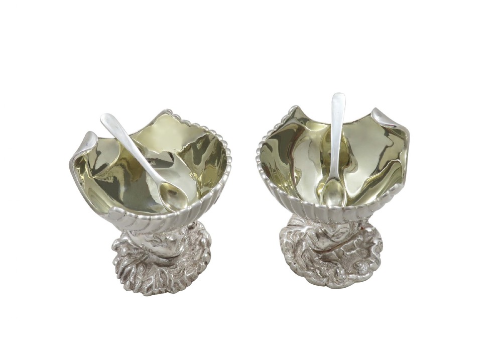 Pair of Antique Silver Plated Dolphin & Shell Salts c1880 View V