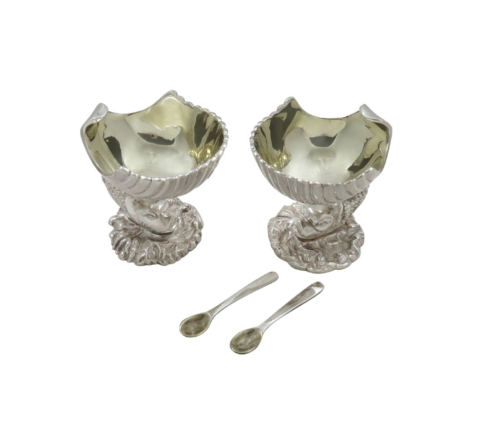 Pair of Antique Silver Plated Dolphin & Shell Salts c1880 View VI