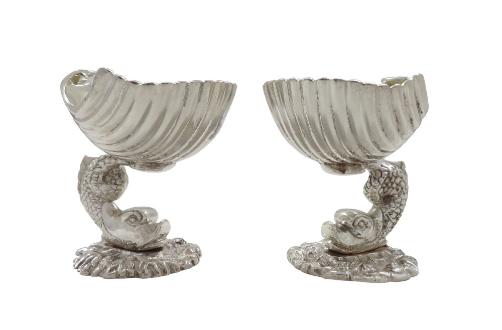 Pair of Antique Silver Plated Dolphin & Shell Salts c1880 View VII