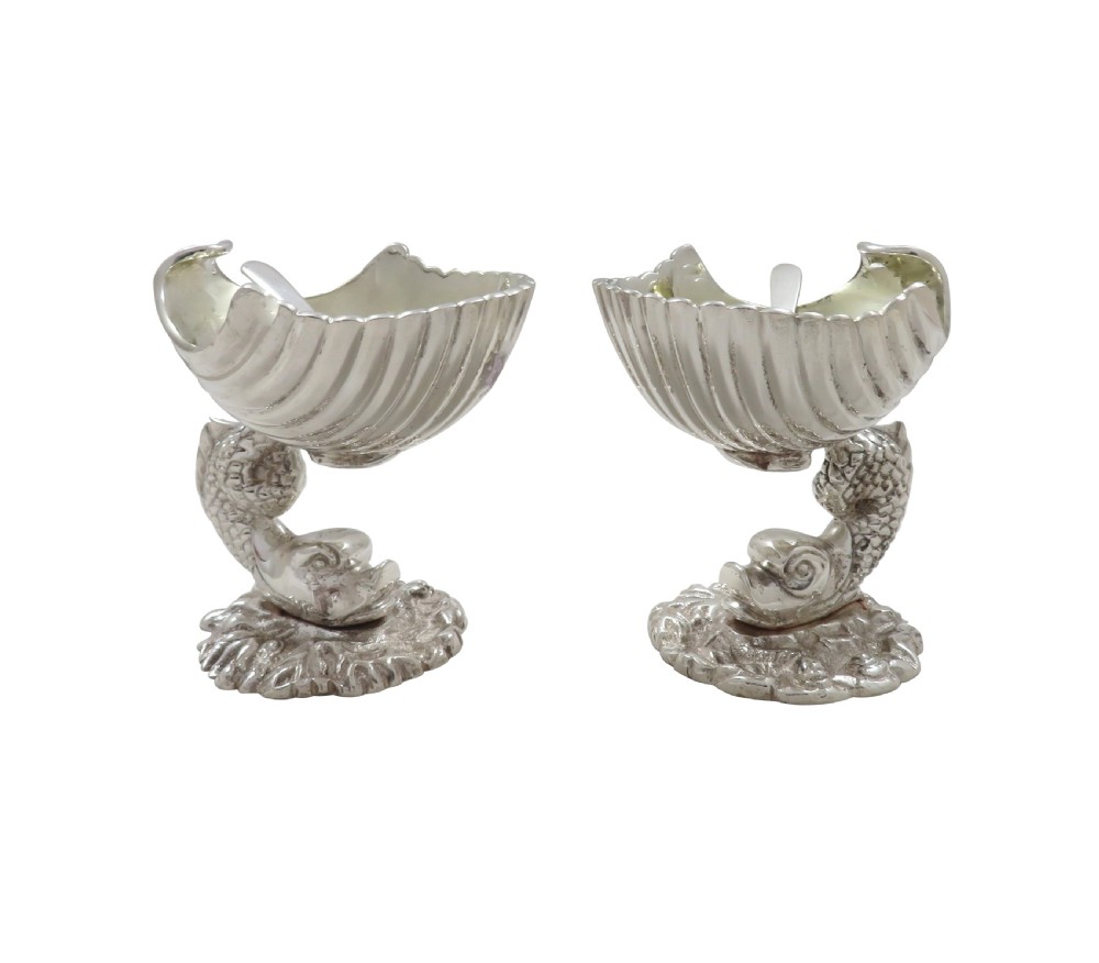 Pair of Antique Silver Plated Dolphin & Shell Salts c1880 View IX