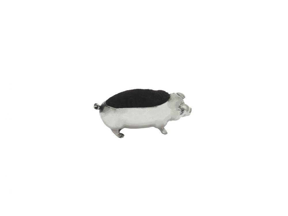 An Edwardian sterling silver novelty pin cushion modelled in the form of a pig with a dark velvet inset cushion along its back. View IV