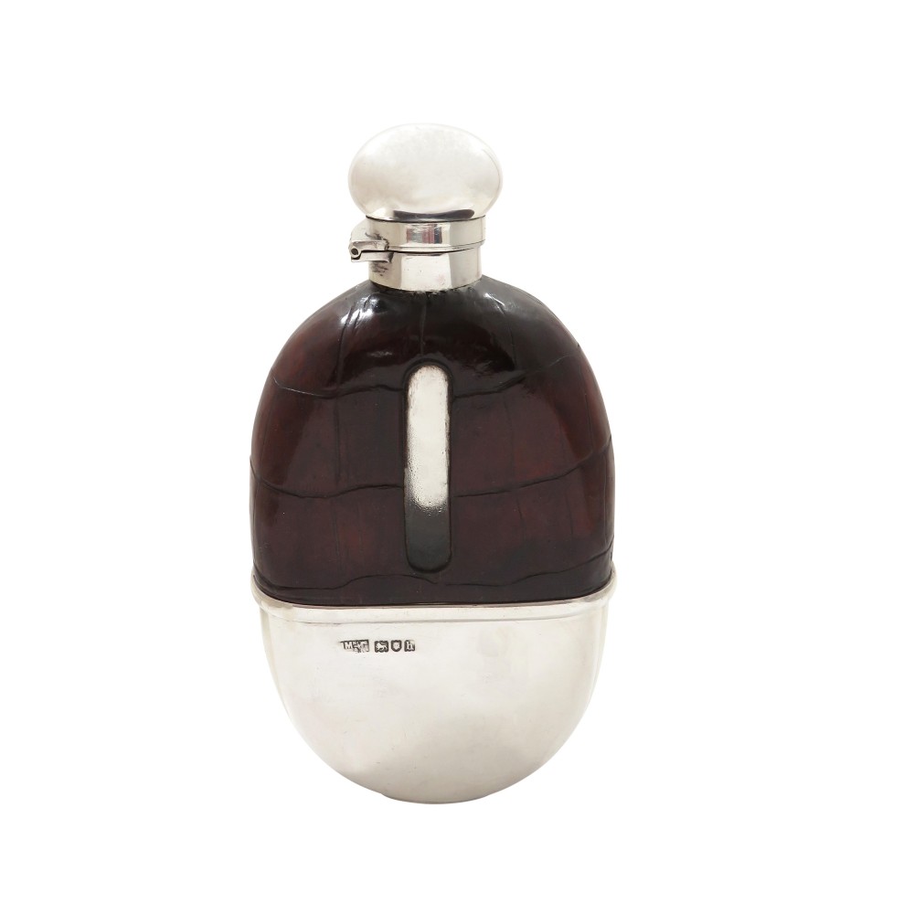 Antique Edwardian Sterling Silver & Crocodile Leather Hip Flask 1903