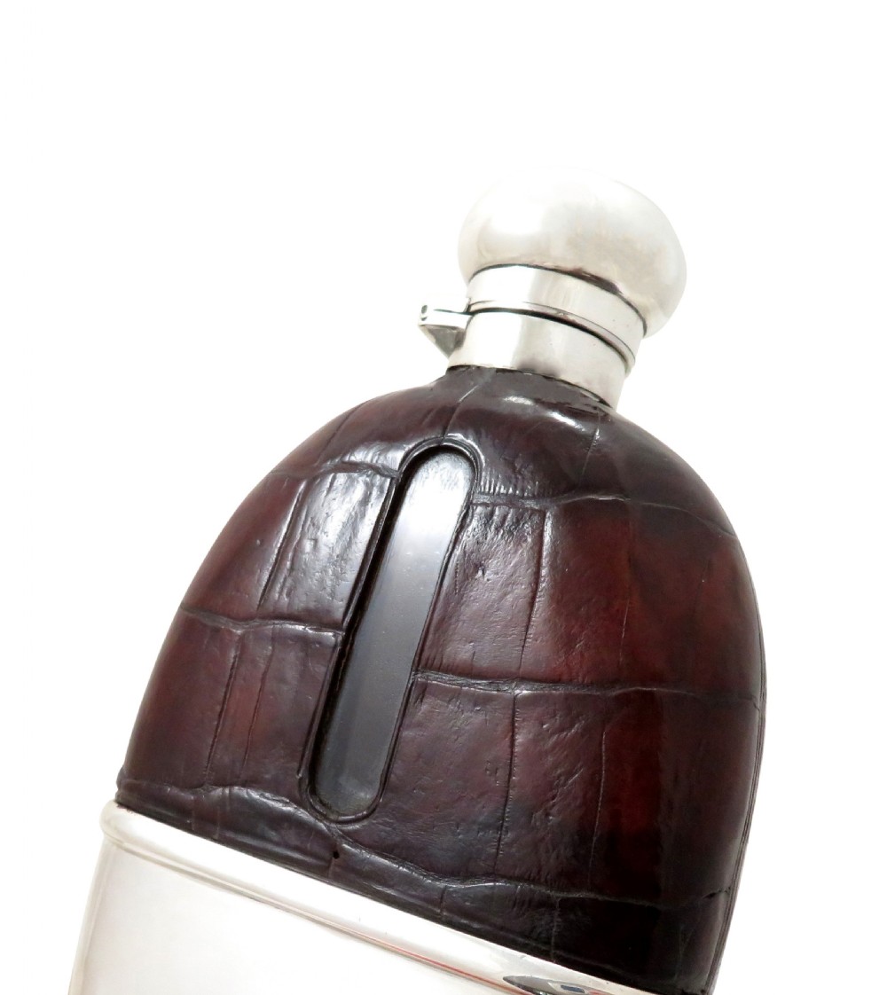Antique Edwardian Sterling Silver & Crocodile Leather Hip Flask 1903 View III