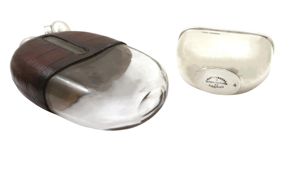Antique Edwardian Sterling Silver & Crocodile Leather Hip Flask 1903 View VI