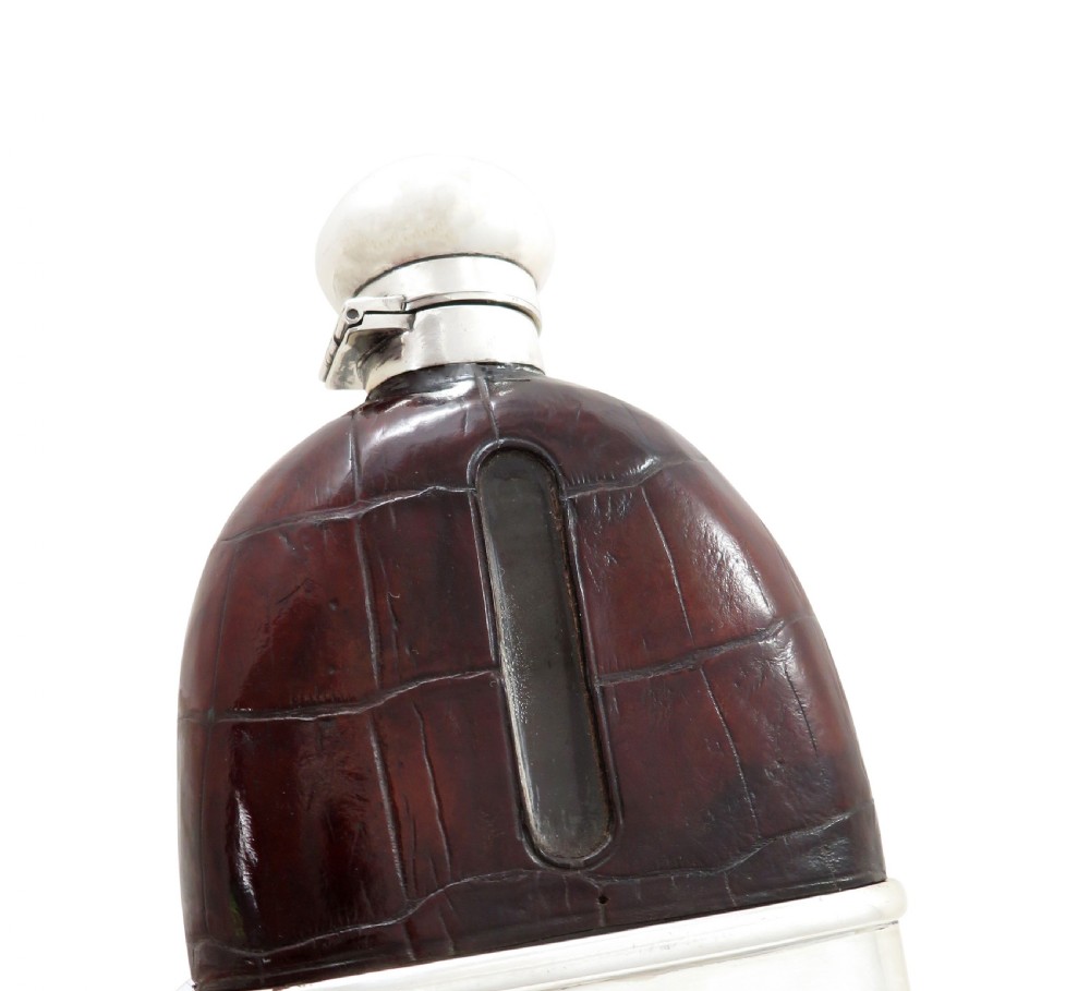 Antique Edwardian Sterling Silver & Crocodile Leather Hip Flask 1903 View VII
