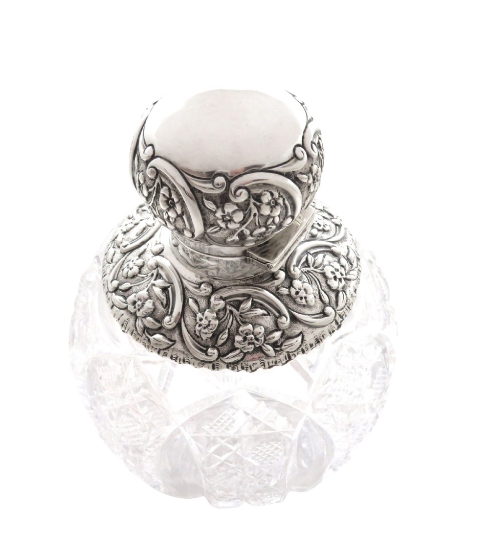 Antique Victorian Sterling Silver & Cut Glass Perfume / Scent Bottle 1894 View V