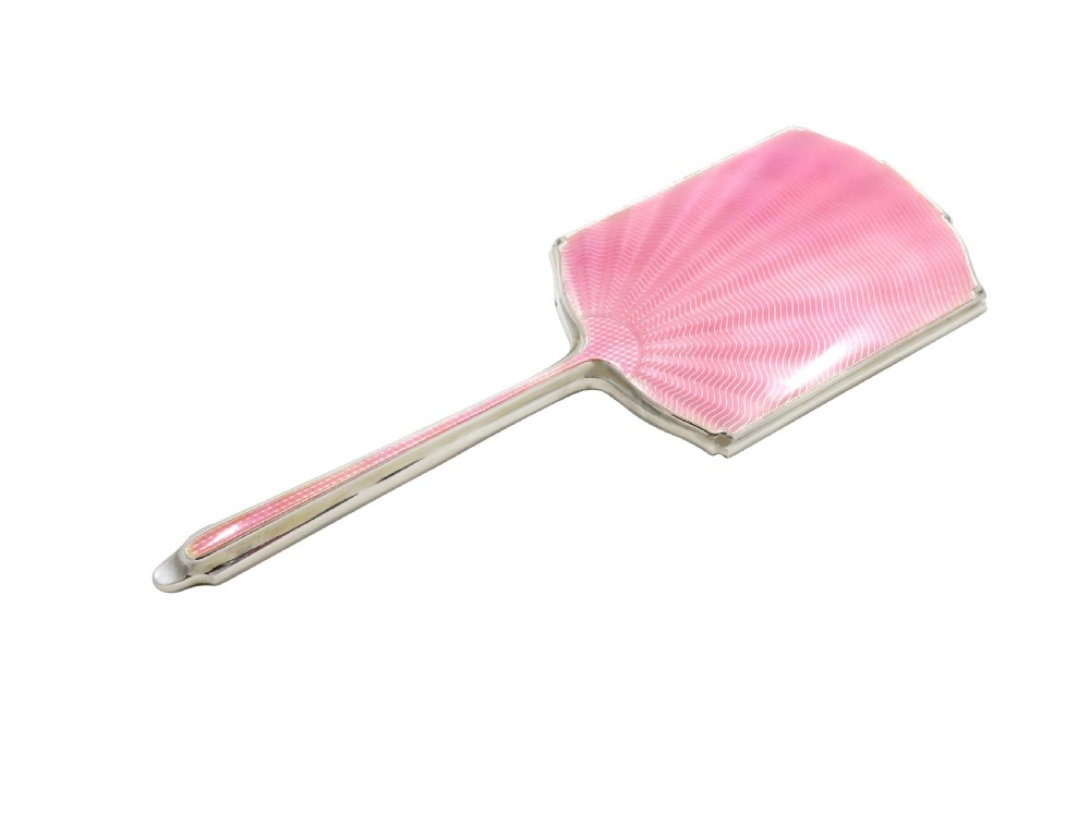 Antique Art Deco Sterling Silver & Pink Enamel Hand Mirror 1933 View V