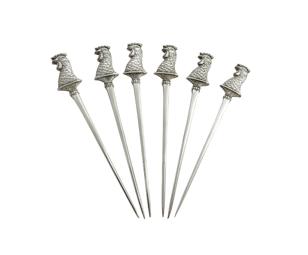 Set of 6 Antique Art Deco Sterling Silver 'Cockerl' Cocktail Stirrers 1928 View II