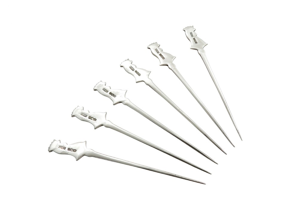 Set of 6 Antique Art Deco Sterling Silver 'Cockerl' Cocktail Stirrers 1928 View V