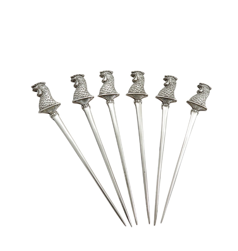 Set of 6 Antique Art Deco Sterling Silver 'Cockerl' Cocktail Stirrers 1928 View VIII