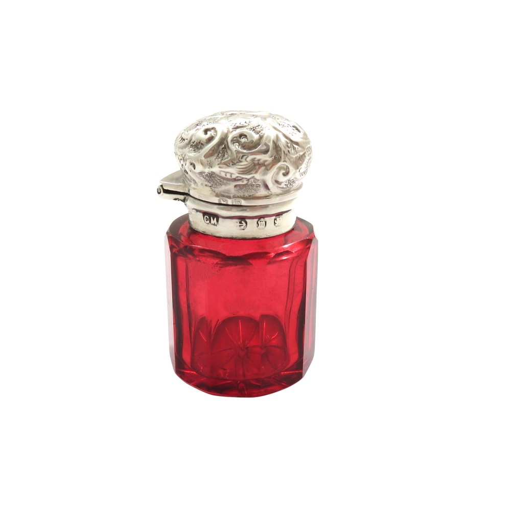 Antique Victorian Sterling Silver & Cranberry Glass Scent / Perfume Bottle 1896