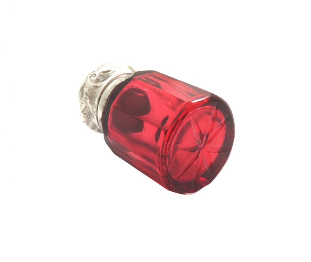 Antique Victorian Sterling Silver & Cranberry Glass Scent / Perfume Bottle 1896 View IV