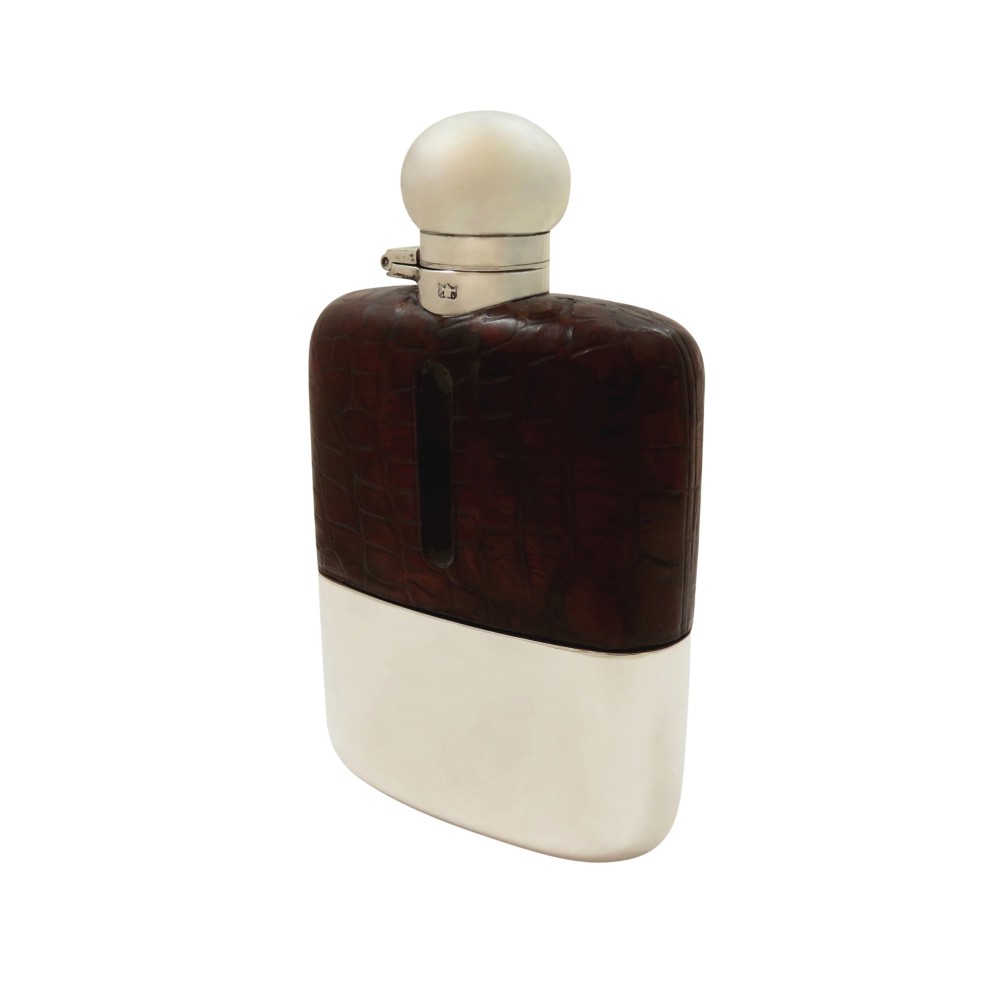 Antique Victorian Silver Plated & Crocodile Leather Hip Flask c1890