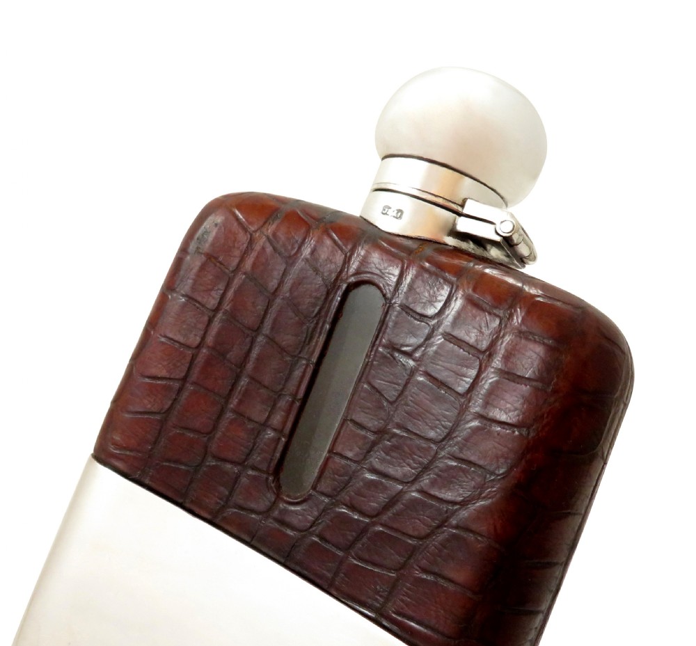 Antique Victorian Silver Plated & Crocodile Leather Hip Flask c1890 View VI