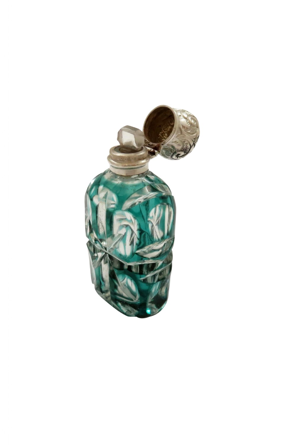 Antique Victorian Silver & Green Overlay Cut Glass Scent / Perfume Bottle c1890 View V