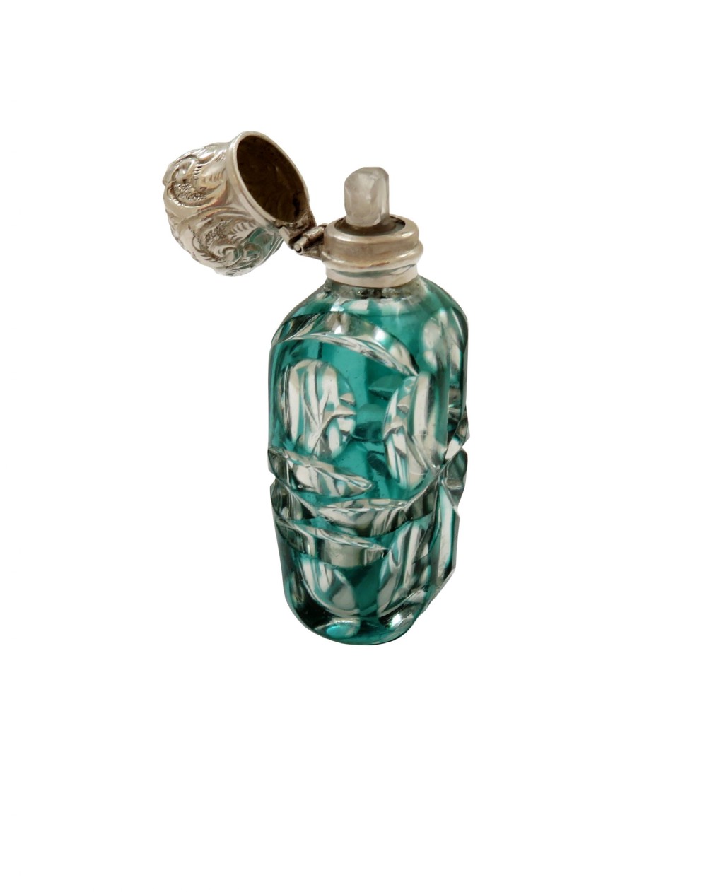 Antique Victorian Silver & Green Overlay Cut Glass Scent / Perfume Bottle c1890 View VI