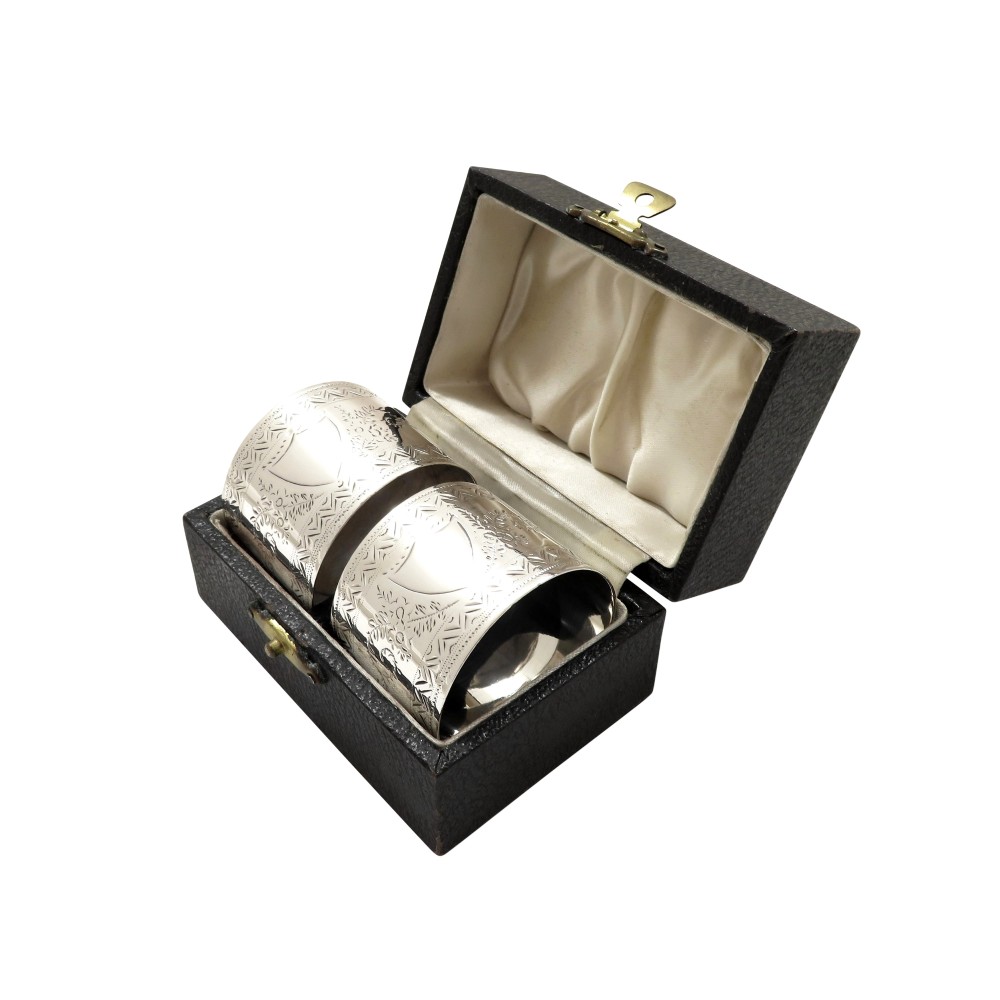 Pair of Antique Victorian Sterling Silver Napkin Rings in Case 1890