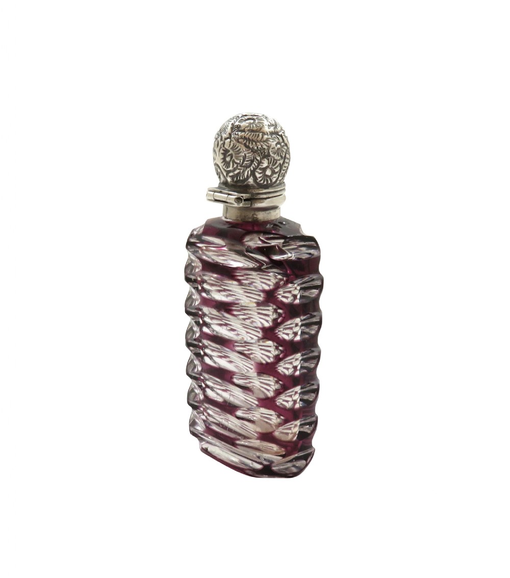 Antique Victorian Silver & Purple Overlay Cut Glass Scent / Perfume Bottle 1893 View IV