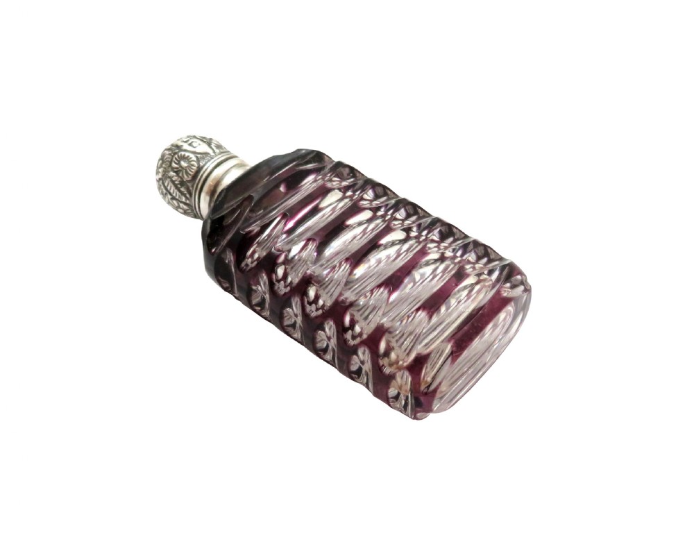 Antique Victorian Silver & Purple Overlay Cut Glass Scent / Perfume Bottle 1893 View V