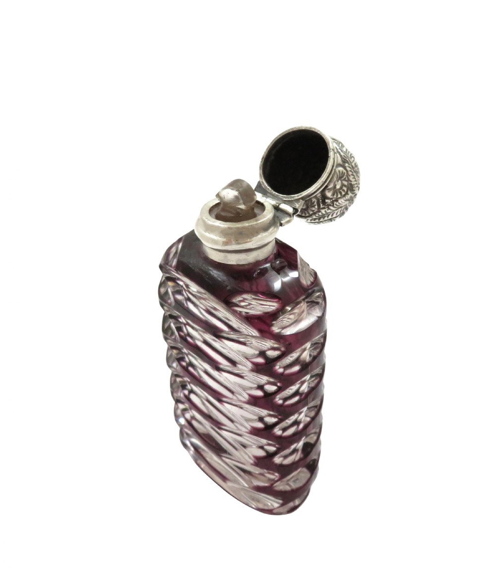 Antique Victorian Silver & Purple Overlay Cut Glass Scent / Perfume Bottle 1893 View VIII