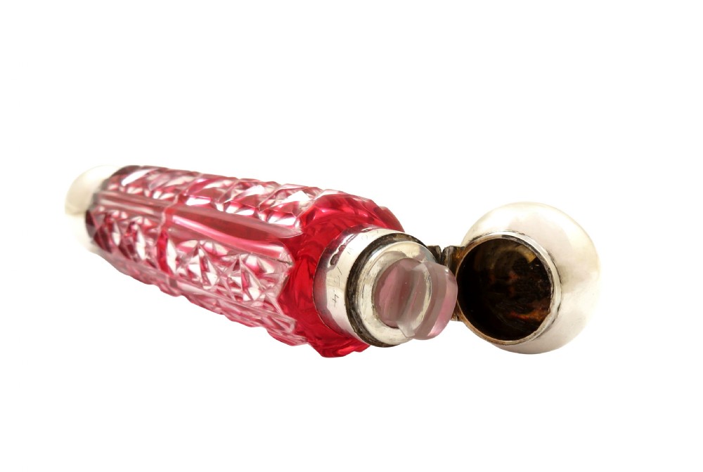 Antique Victorian Silver & Cranberry Double End Scent / Perfume Bottle 1890 View V