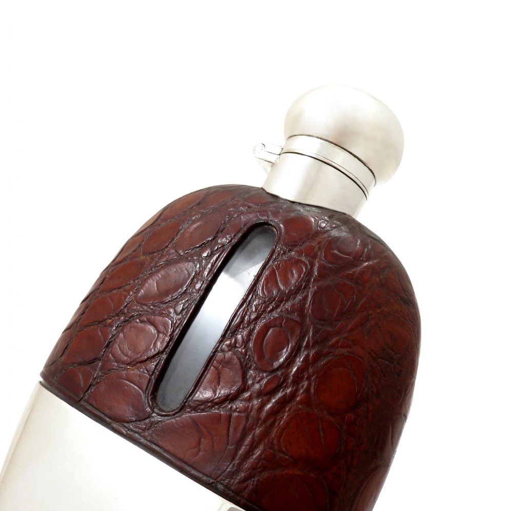 Antique Silver Plated & Crocodile Leather Hip Flask c1890 View III