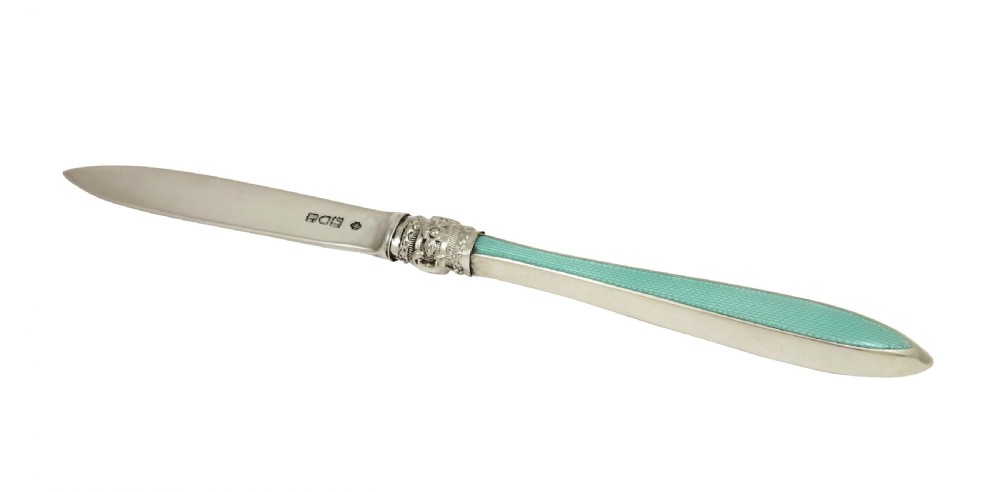 Antique Edwardian Sterling Silver & Green Enamel Letter Knife 1904 View VI