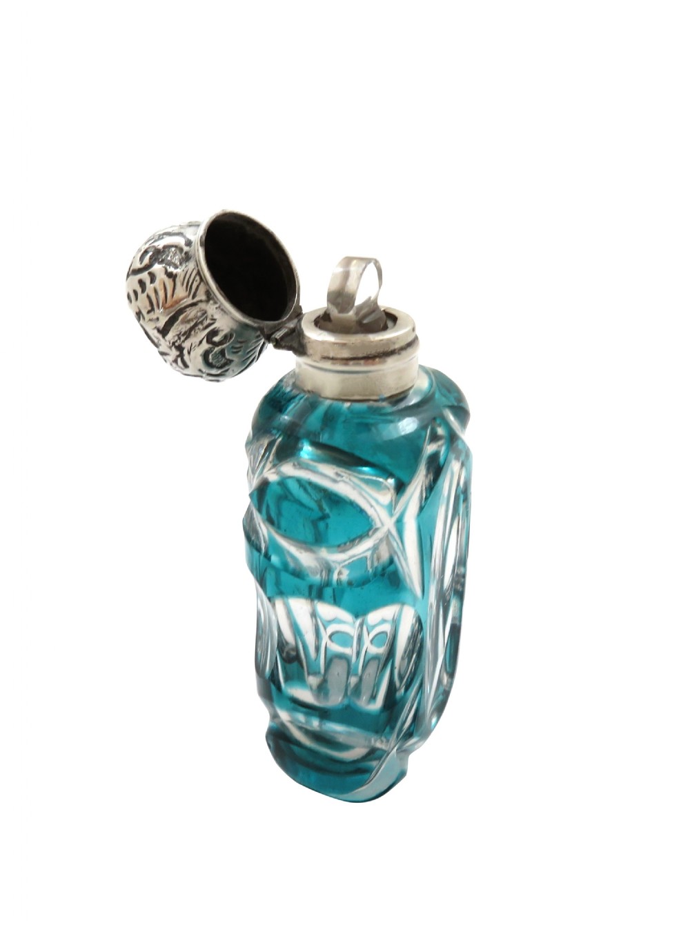 Antique Victorian Silver & Blue Overlay Cut Glass Scent / Perfume Bottle c1890 View IV