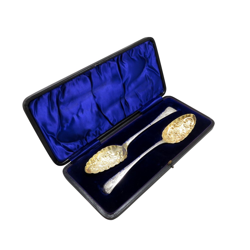 Pair of Antique William IV Sterling Silver Berry Spoons in Case 1838