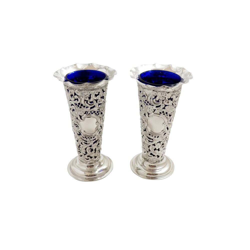 Pair of Antique Victorian Sterling Silver Vases with Liners 1898/99