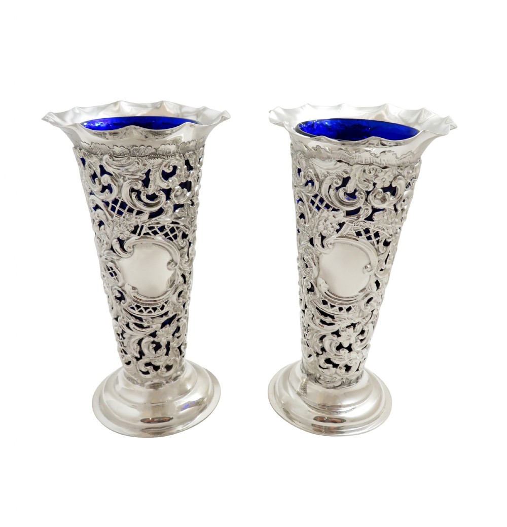 Pair of Antique Victorian Sterling Silver Vases with Liners 1898/99 View V