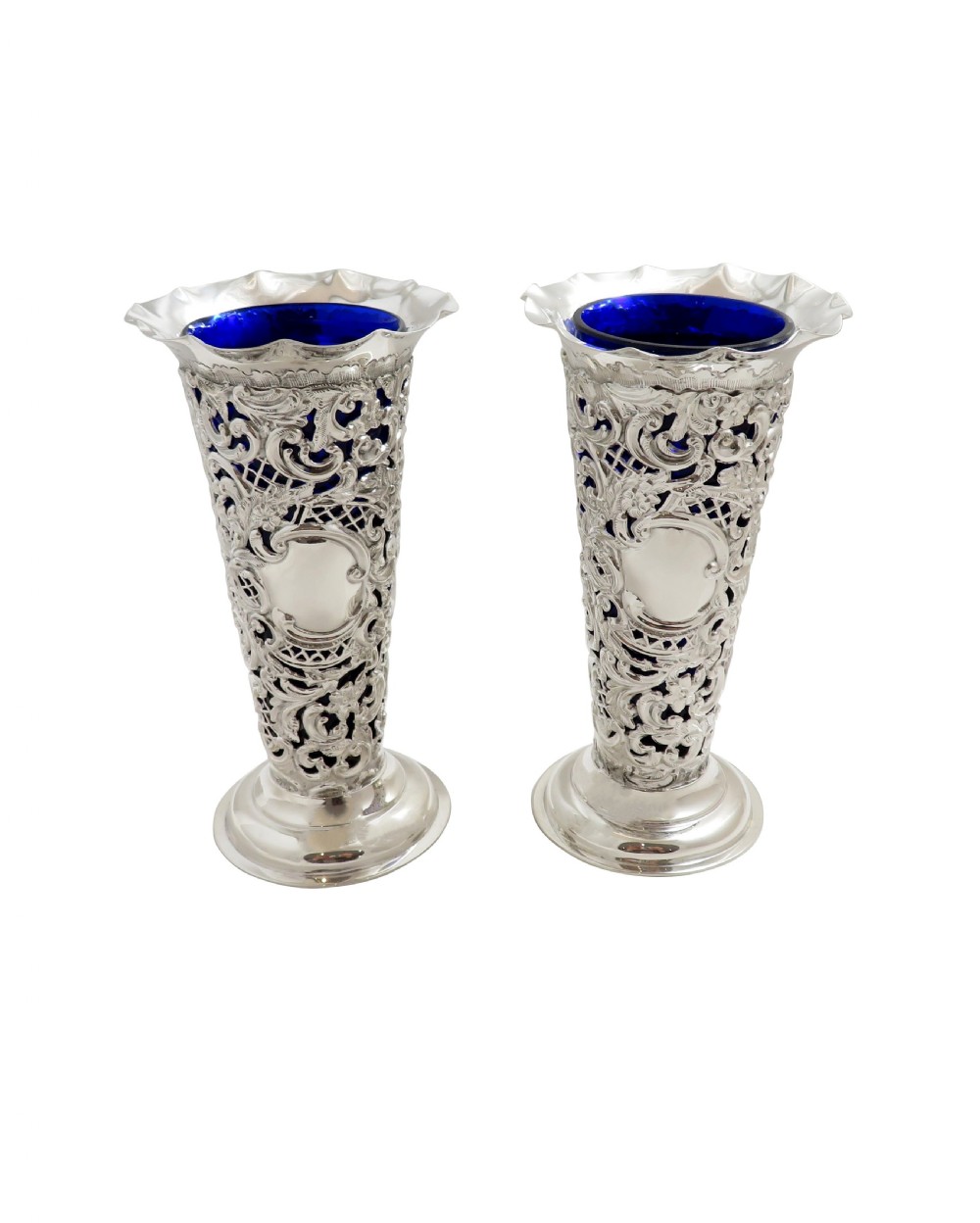 Pair of Antique Victorian Sterling Silver Vases with Liners 1898/99 View VII