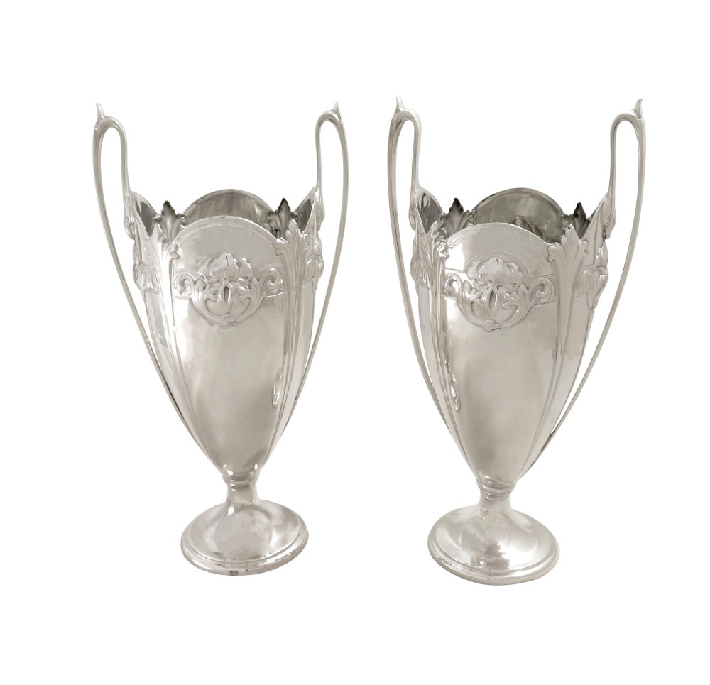 Pair of Antique Edwardian Sterling Silver Vases 1907 View VIII