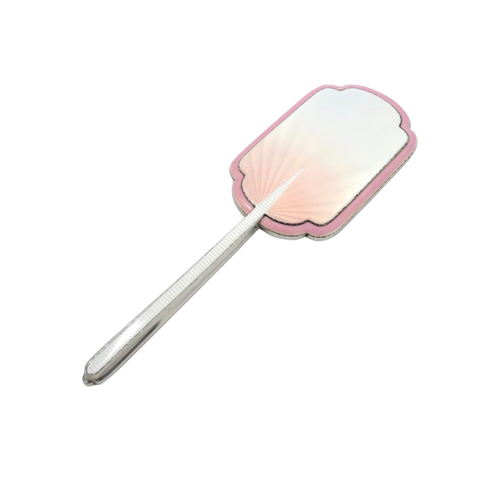 Antique Art Deco Sterling Silver & Pink Enamel Hand Mirror 1939