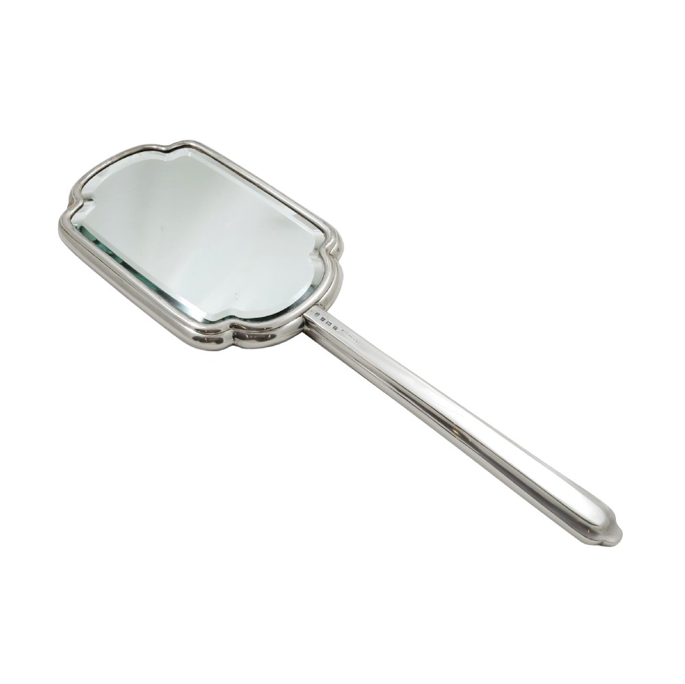 Antique Art Deco Sterling Silver & Pink Enamel Hand Mirror 1939 View II