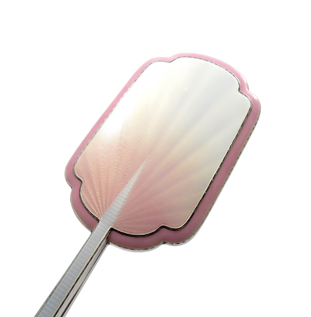 Antique Art Deco Sterling Silver & Pink Enamel Hand Mirror 1939 View III